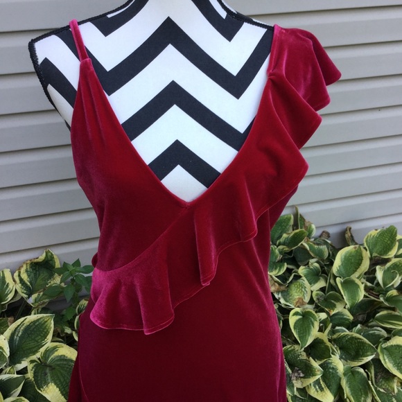 NWT Express Red Velvet Ruffle One Shoulder Dress - Picture 8 of 8